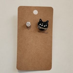 Black Cat Stud Earrings with Crystal Accent